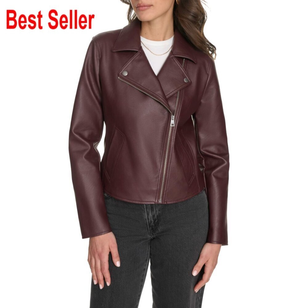 Faux Leather Moto Jacket with Welt Pockets, Asymmetrical Zipper